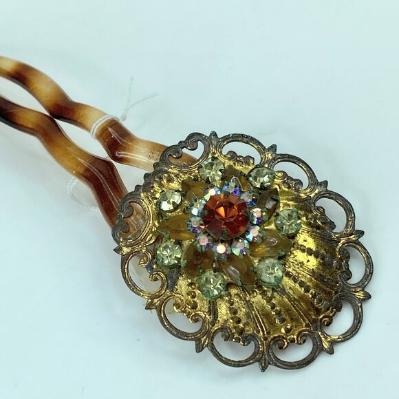 Art Deco French Filigree Brooch Aurora Borealis Rhinestones hair comb  GS586 main image 4